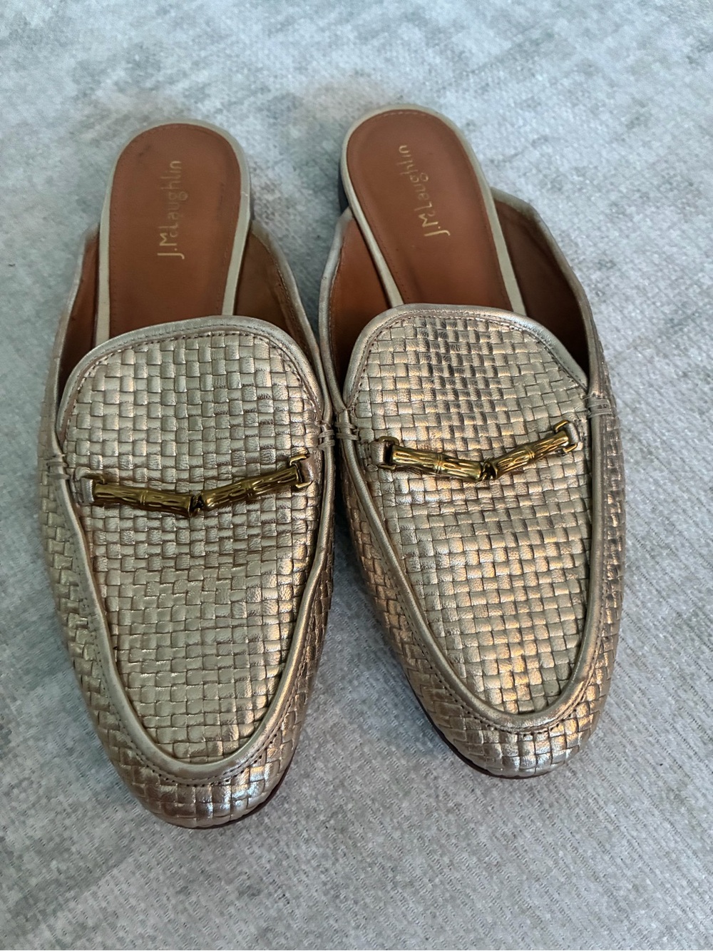 J.McLaughlin Metallic Gold Basket Weave Mule Loafers.